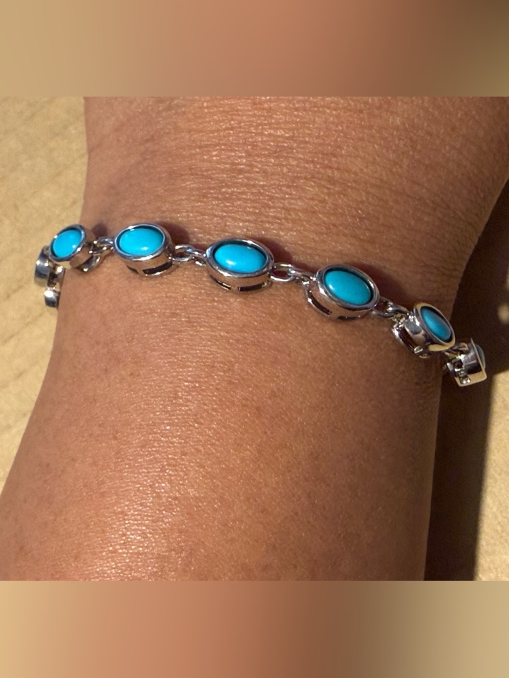 DK 925 Turquoise/Larimar /Blue Stone Oval Link Bracelet - Women Jewelry - Picture 2 of 5